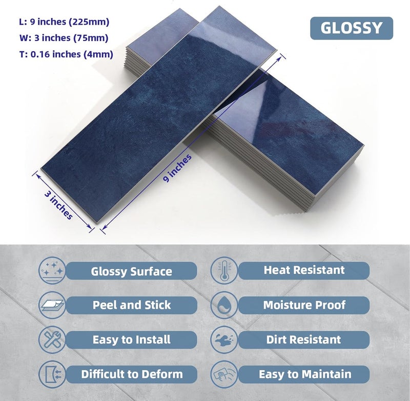 Tilingview 30 PCS Peel and Stick Backsplash Tile for Kitchen/Bathroom/Living Room, 3"x 9" Self-Adhesive Subway Tile for Backsplash, Imitation Glazed Tiles/Handmade Tiles (Glossy Navy Blue) - Image 2